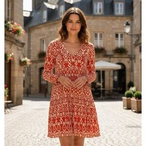 Zara Red Ikat Print Tiered  Mini Dress Womens Size XS V-Neck Long Sleeve Boho